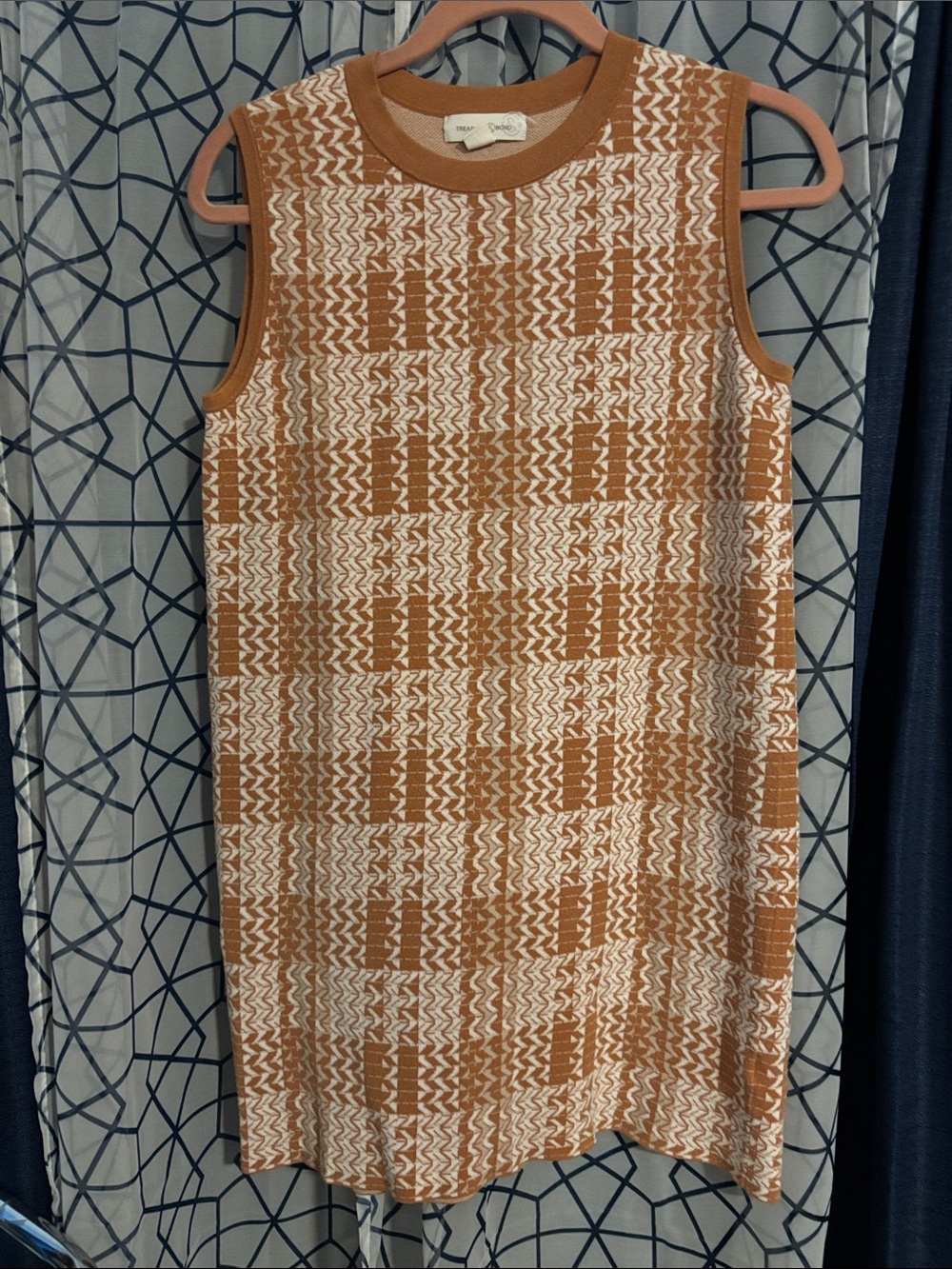 Treasure & Bond Sleeveless Knit Plaid Mini Dress in Camel and Cream